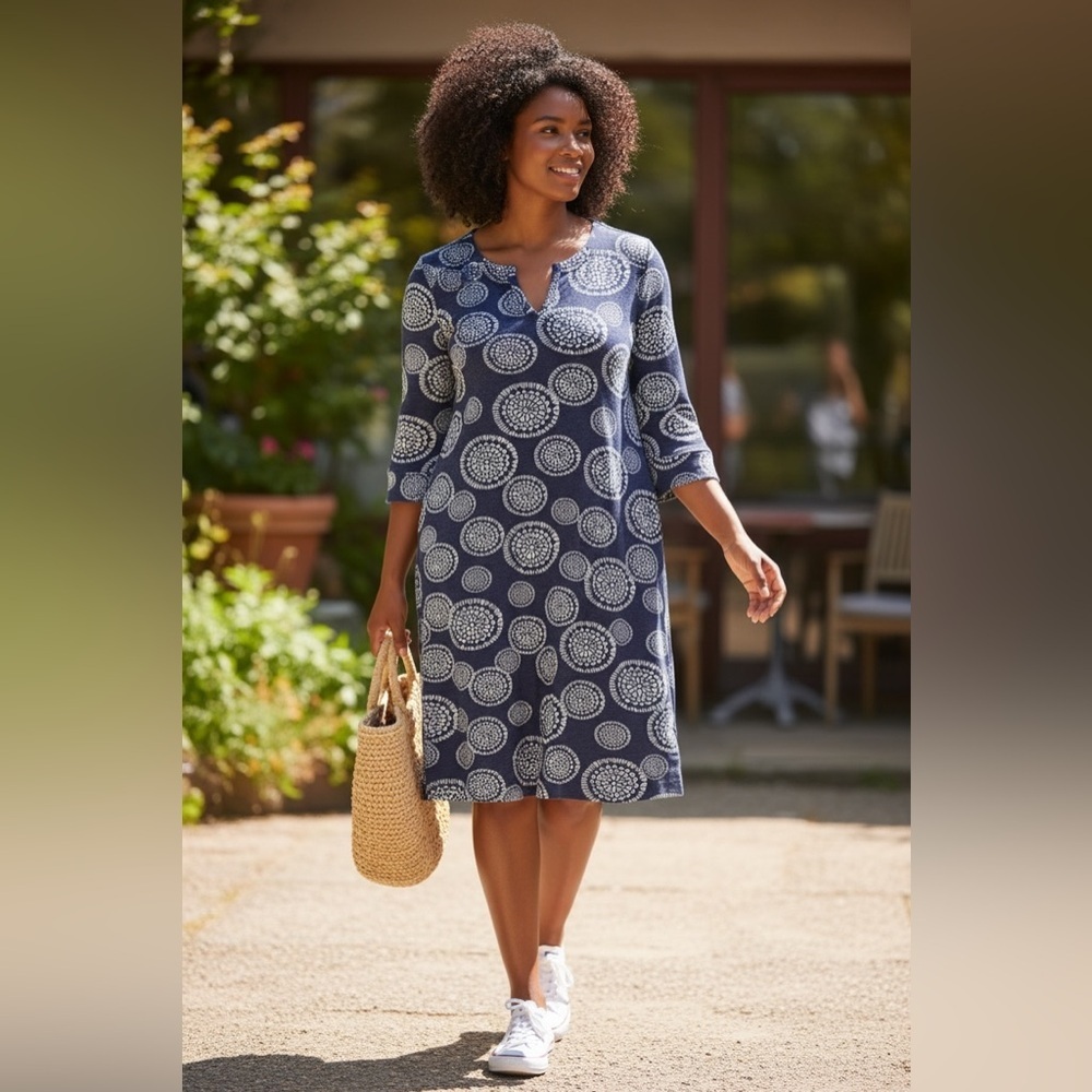Hatley NWOT Navy Blue w White Midi Dress, 100% Medium Weight Cotton, Stretch